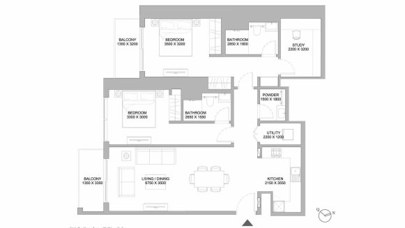 Планировка квартиры 2 спальни в ЖК 320 RIVERSIDE CRESCENT № 11009 (2D)
